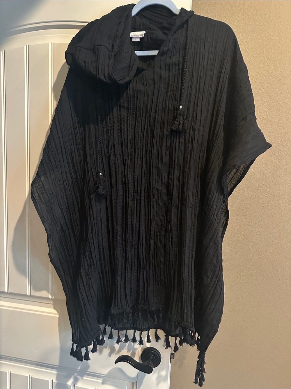 Hooded Black Women's Swim Coverup with Tassel Trim
